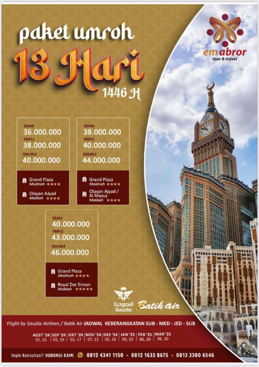 Paket Umroh 13 Hari by Batik Air / Saudia Airlines
